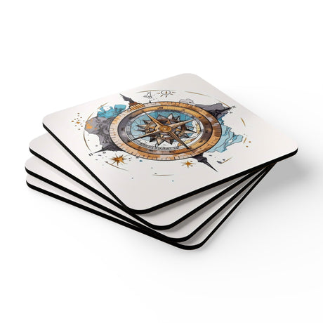 Close-up of the Nautical Compass Cork Coaster Set showcasing the glossy finish and detailed nautical compass design.