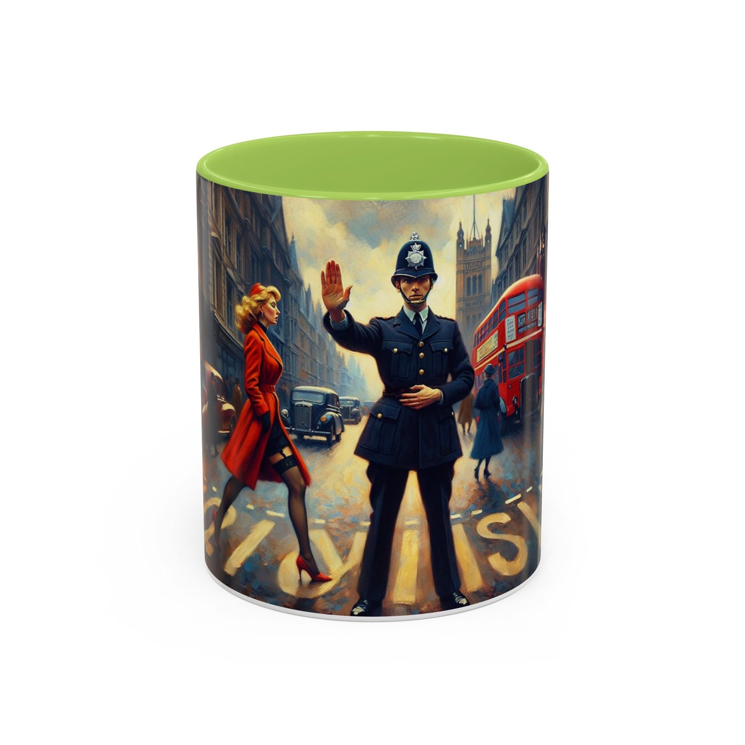 Vintage-Inspired Cityscape Accent Coffee Mug - 11oz &amp; 15oz showcased on a modern office desk.