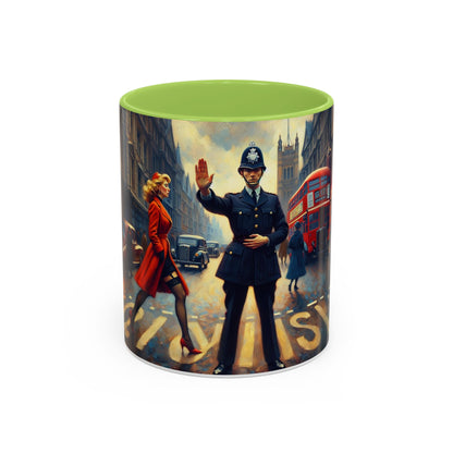 Vintage-Inspired Cityscape Accent Coffee Mug - 11oz &amp; 15oz showcased on a modern office desk.
