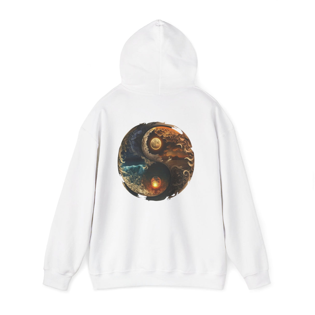 Casual display of the Yin Yang Moon & Sun Hoodie on a table with other fashion items.