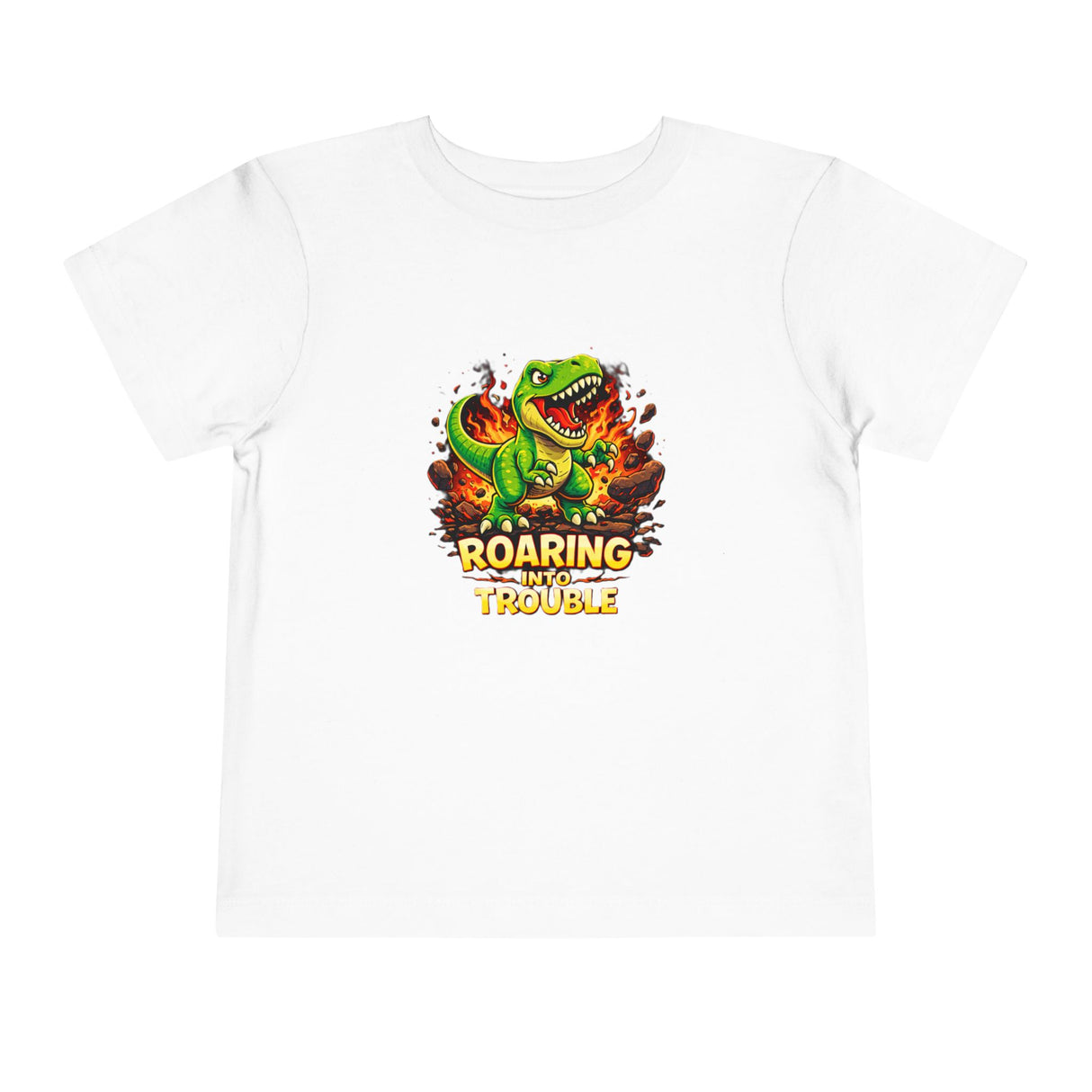 Toddler Tee — "Roaring Into Trouble" Dinosaur Graphic Shirt