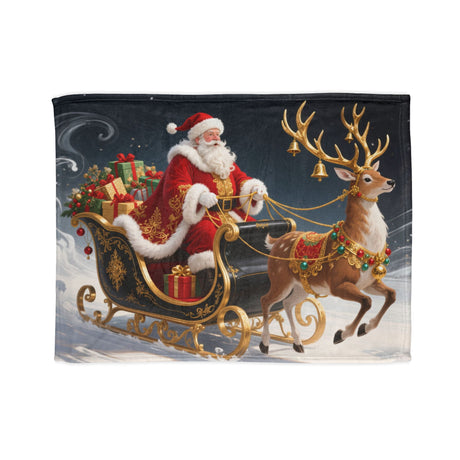 Detail of the plush polyester fleece Christmas Santa Sleigh Blanket featuring vibrant print of Santa's sleigh, ideal for warmth during winter evenings.