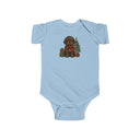 Baby Bodysuit — Cute Christmas Puppy with Tree & Presents Infant Onesie featuring a fluffy puppy beside a Christmas tree.