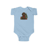 Baby Bodysuit — Cute Christmas Puppy with Tree & Presents Infant Onesie featuring a fluffy puppy beside a Christmas tree.