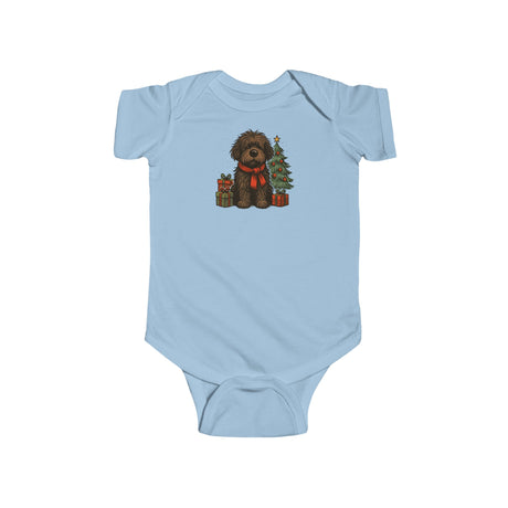 Baby Bodysuit — Cute Christmas Puppy with Tree & Presents Infant Onesie featuring a fluffy puppy beside a Christmas tree.