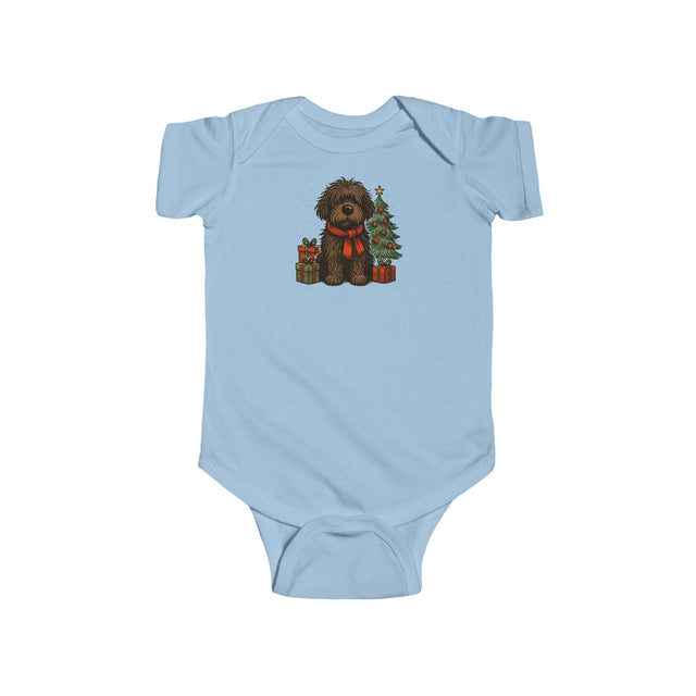 Baby Bodysuit — Cute Christmas Puppy with Tree & Presents Infant Onesie featuring a fluffy puppy beside a Christmas tree.