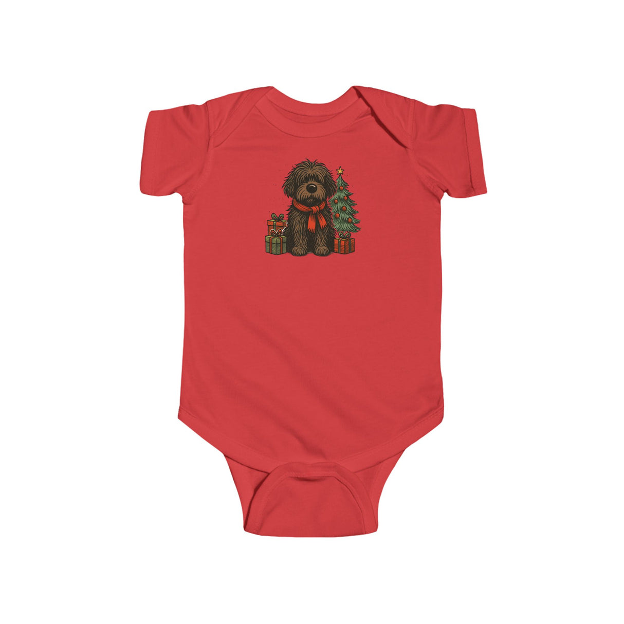 Cute Christmas Puppy with Tree & Presents design on a baby bodysuit, ideal for cozy winter mornings.