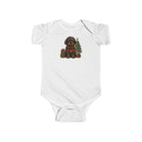 Cozy Baby Bodysuit — Cute Christmas Puppy with Tree & Presents with a close-up of the adorable puppy design.