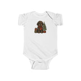Cozy Baby Bodysuit — Cute Christmas Puppy with Tree & Presents with a close-up of the adorable puppy design.