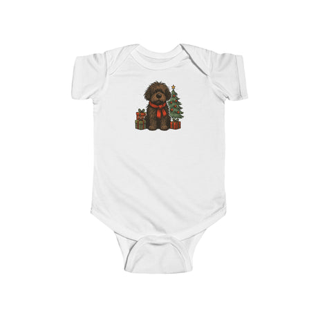 Cozy Baby Bodysuit — Cute Christmas Puppy with Tree & Presents with a close-up of the adorable puppy design.