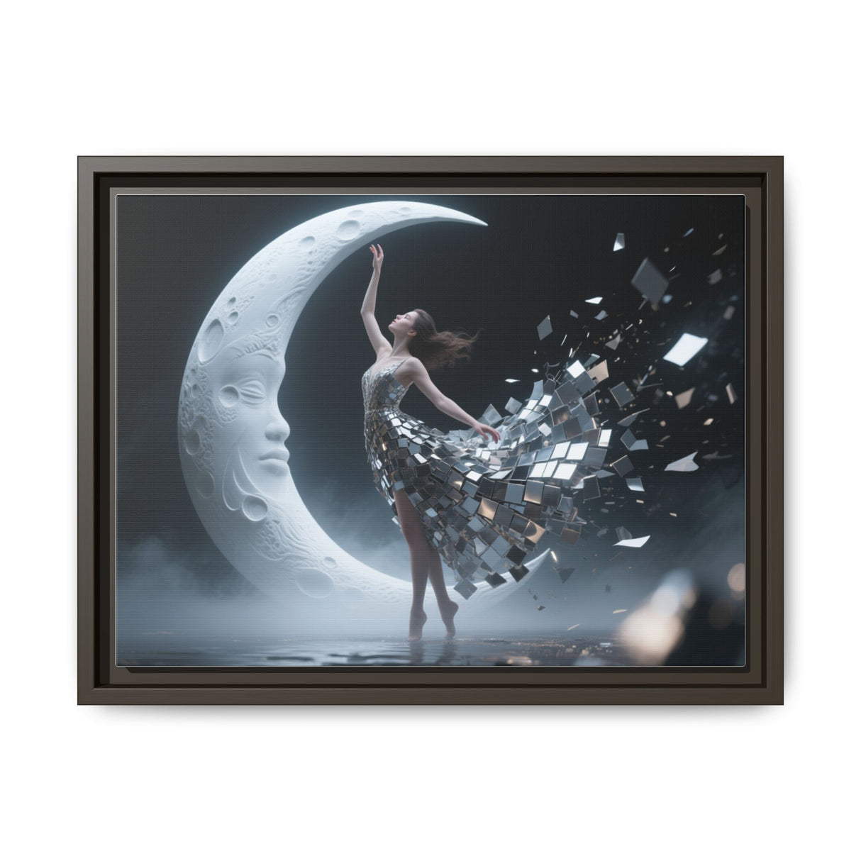 Framed Matte Canvas Art — Dancer & Moon Surreal Wall Decor details the eco-friendly materials used, including FSC-certified wood.