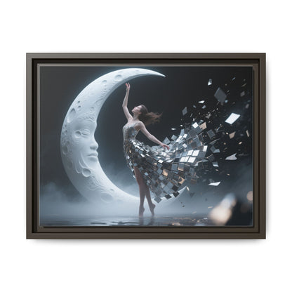Framed Matte Canvas Art — Dancer &amp; Moon Surreal Wall Decor details the eco-friendly materials used, including FSC-certified wood.