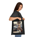 The Vintage Jetsetter Cotton Tote Bag with its double-sided retro travel print, perfect for any adventure.