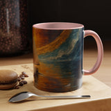 Sail into the Sun Ceramic Coffee Mug positioned atop a stack of art books, showcasing its artistic appeal.