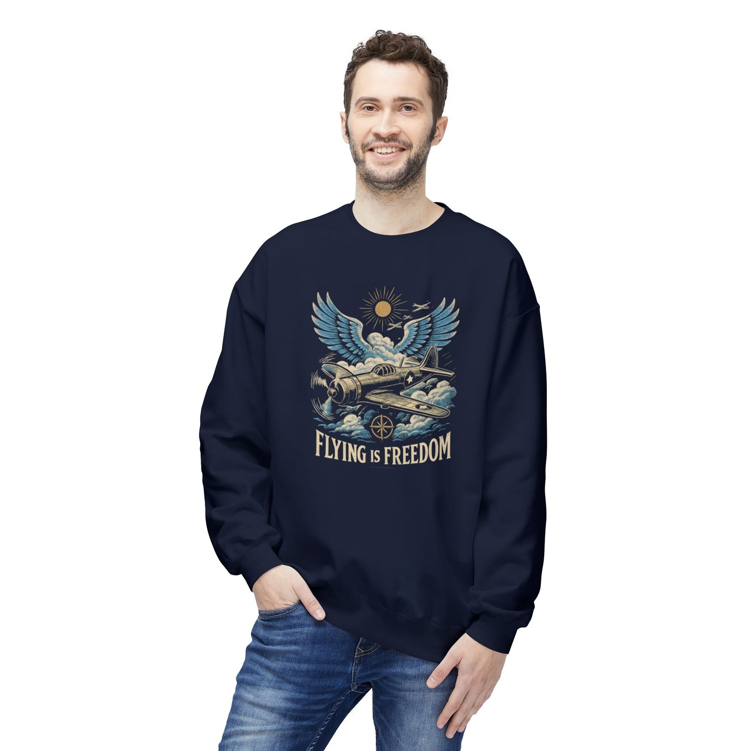 Flying Is Freedom Sweatshirt — Retro Winged Plane Vintage Crewneck US