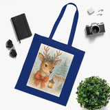 Christmas Reindeer Tote Bag featuring a soft storybook moment with a gentle reindeer portrait, wreath antlers, and a rosy bow.