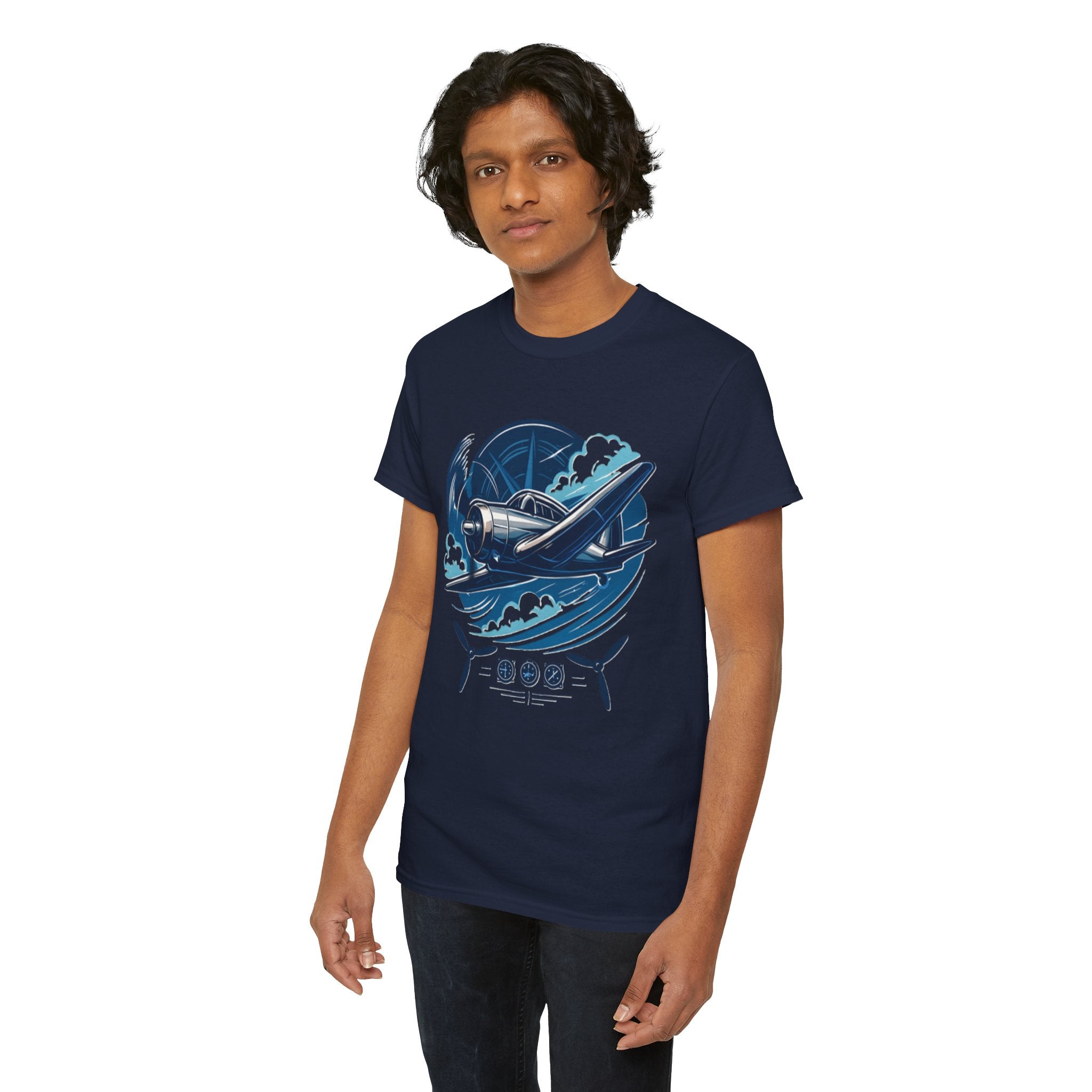Vintage Propeller Plane T-Shirt with detailed airplane illustration, ideally suited for fans of retro aviation.