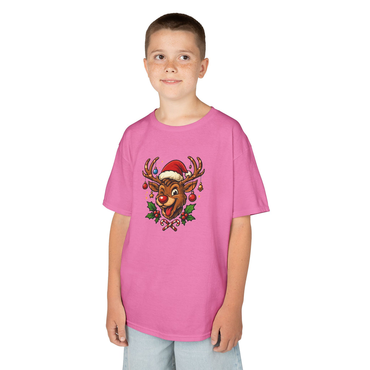 Model wearing Kids Christmas Reindeer Tee — Cute Santa Hat Rudolph Holiday Shirt during a holiday celebration.