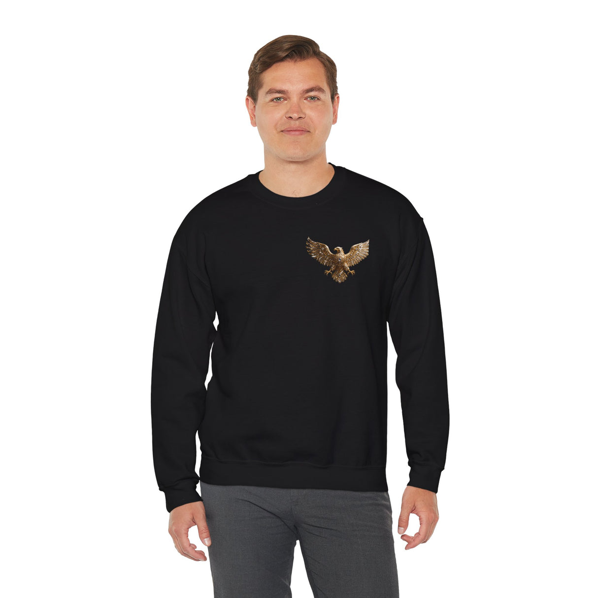 Back view of the Crewneck Sweatshirt with a Medieval Knight & Eagle Graphic, highlighting a cinematic warrior design.