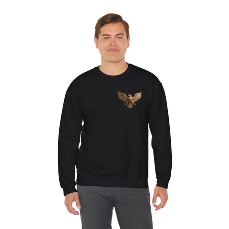 Back view of the Crewneck Sweatshirt with a Medieval Knight & Eagle Graphic, highlighting a cinematic warrior design.