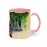 Artistic Red Dress Accent Coffee Mug - 11oz on a desk with laptop, suitable for work setup