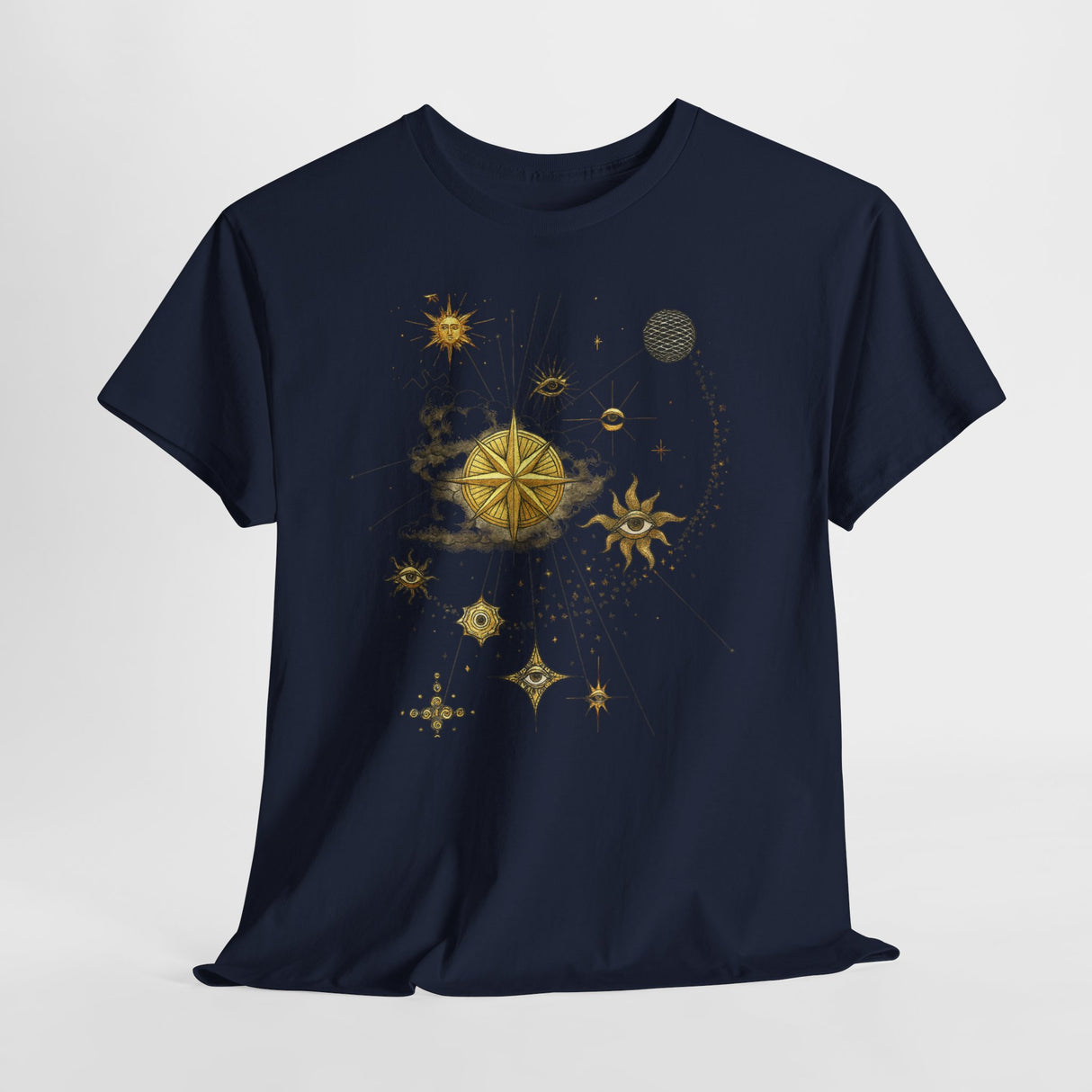 Celestial Compass Tee — Gold Star & Moon Astrology Graphic Shirt highlighting its versatility for both day and night wear.
