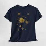 Celestial Compass Tee — Gold Star & Moon Astrology Graphic Shirt highlighting its versatility for both day and night wear.