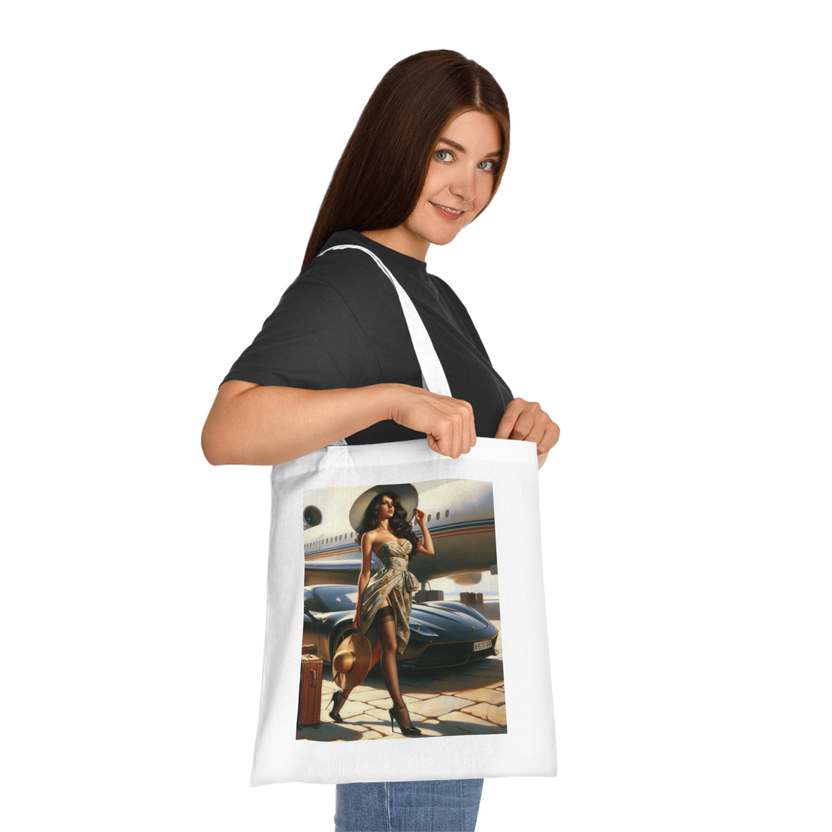 Model carrying the Chic Travel Cotton Tote Bag, demonstrating its practicality and chic design.