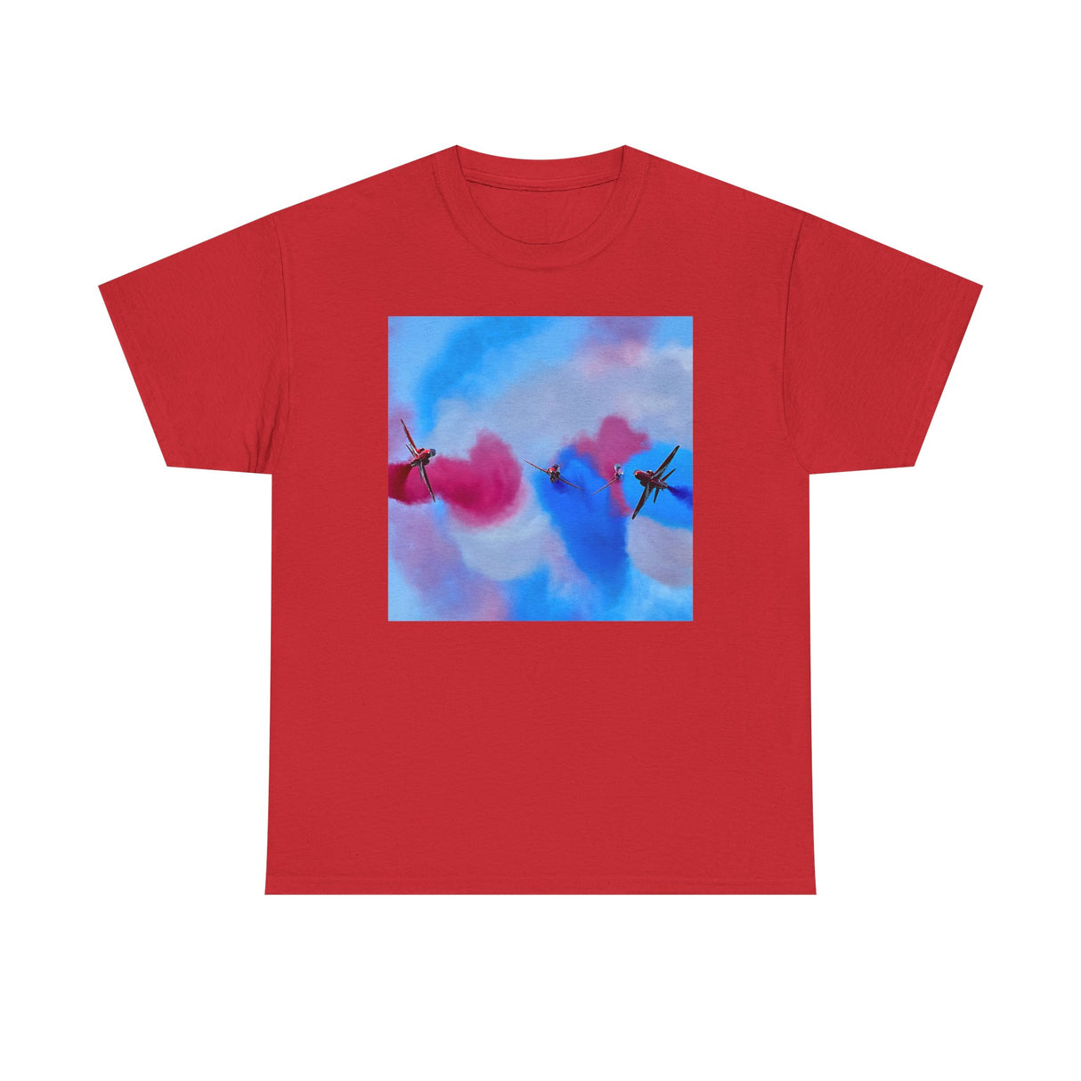 Aerial Smoke Display Tee — Blue & Pink Airshow Pilots T‑Shirt laid flat on a surface, focusing on the unique design and colors.