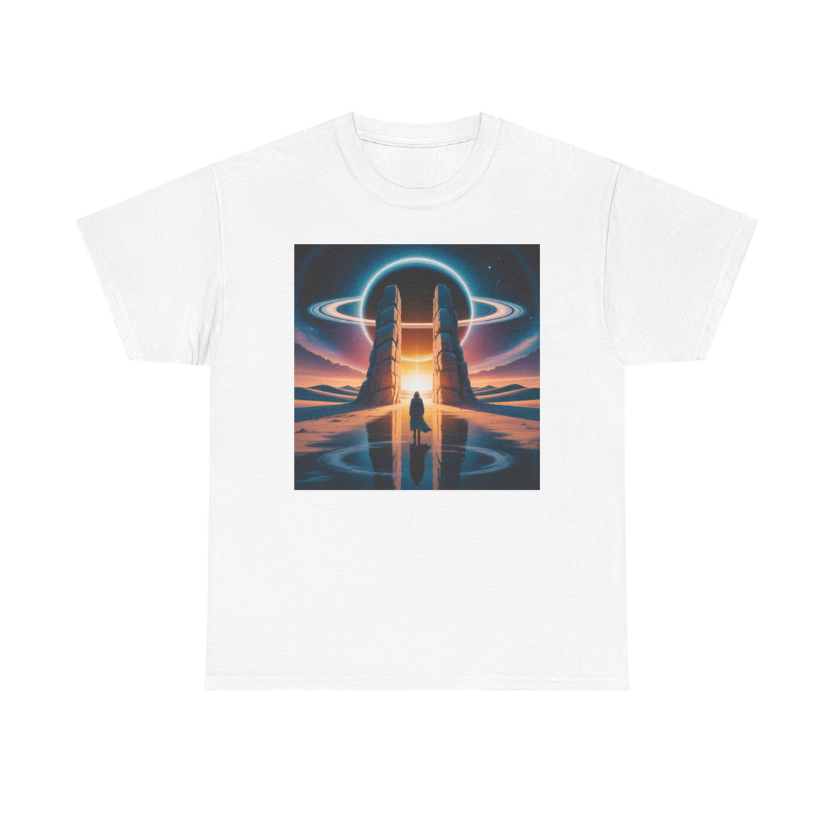 Back of the Cosmic Gateway Tee — Sci-Fi Sunset Portal Graphic T-Shirt featuring a comfortable fit and clear print.