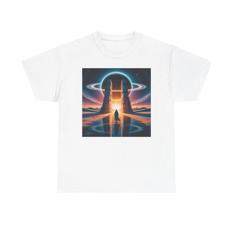 Back of the Cosmic Gateway Tee — Sci-Fi Sunset Portal Graphic T-Shirt featuring a comfortable fit and clear print.