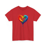 Artistic display of the Rainbow Drip Heart T-Shirt against an outdoor background, echoing its vibrant theme.