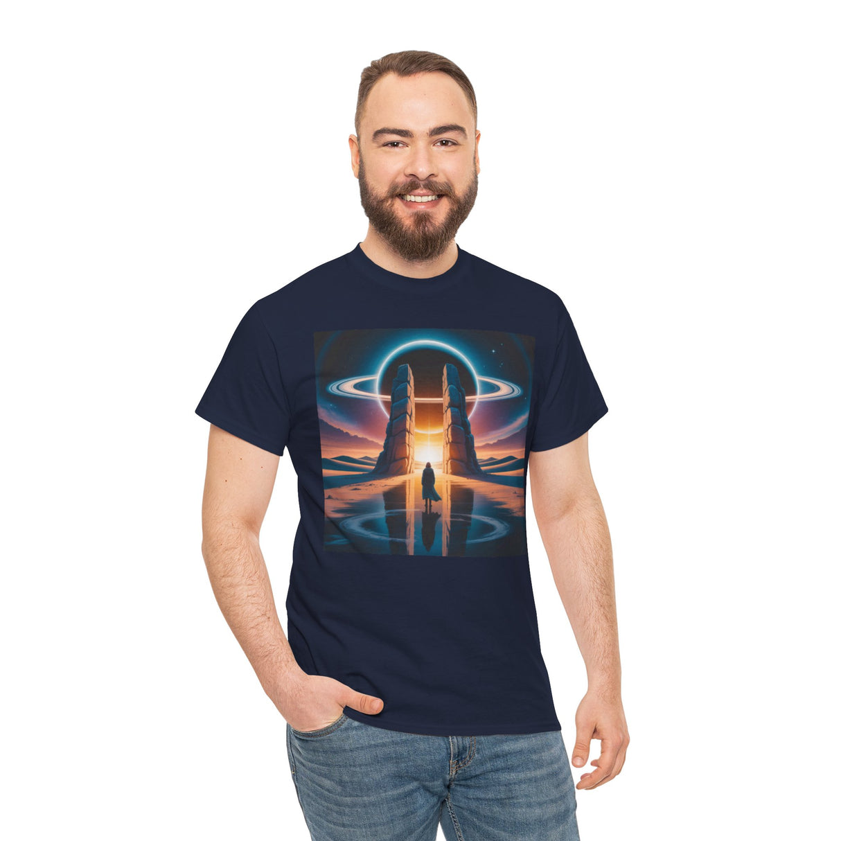 Cosmic Gateway Tee — Sci-Fi Sunset Portal Graphic T-Shirt showing the front design with a dreamy sci-fi landscape.