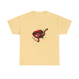 Model wearing the Lip Bite Graphic Tee with a striking red lips graphic and casual outfit.