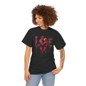 Man and woman wearing Love Unisex Heavy Cotton Tee, highlighting its versatility for both genders.