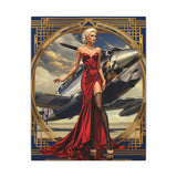 Aviator Pin-Up Matte Canvas Print showcasing a glamorous woman in a flowing red gown beside a WWII warplane, framed by a gold art-deco border.