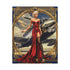 Aviator Pin-Up Matte Canvas Print showcasing a glamorous woman in a flowing red gown beside a WWII warplane, framed by a gold art-deco border.