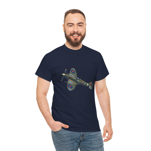 Vintage WWII Spitfire Fighter Plane T-Shirt front view with classic aircraft graphic