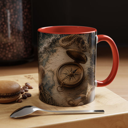 Nautical Compass Accent Coffee Mug – Vintage Sea Shells &amp; Compass Travel Design (11oz)