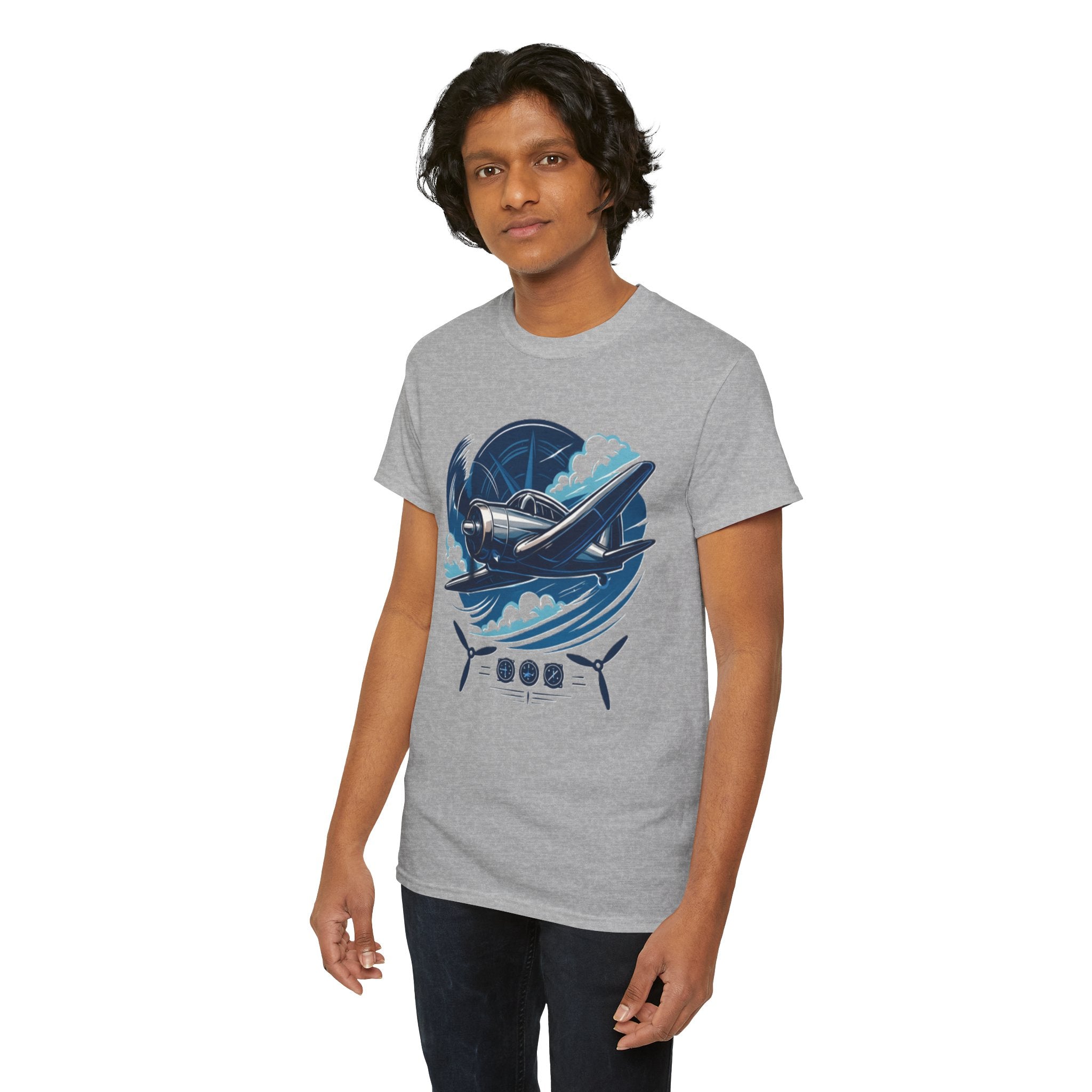 Close-up of the detailed vintage airplane illustration on the front of the Vintage Propeller Plane T-Shirt.