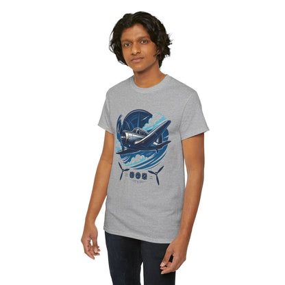 Close-up of the detailed vintage airplane illustration on the front of the Vintage Propeller Plane T-Shirt.