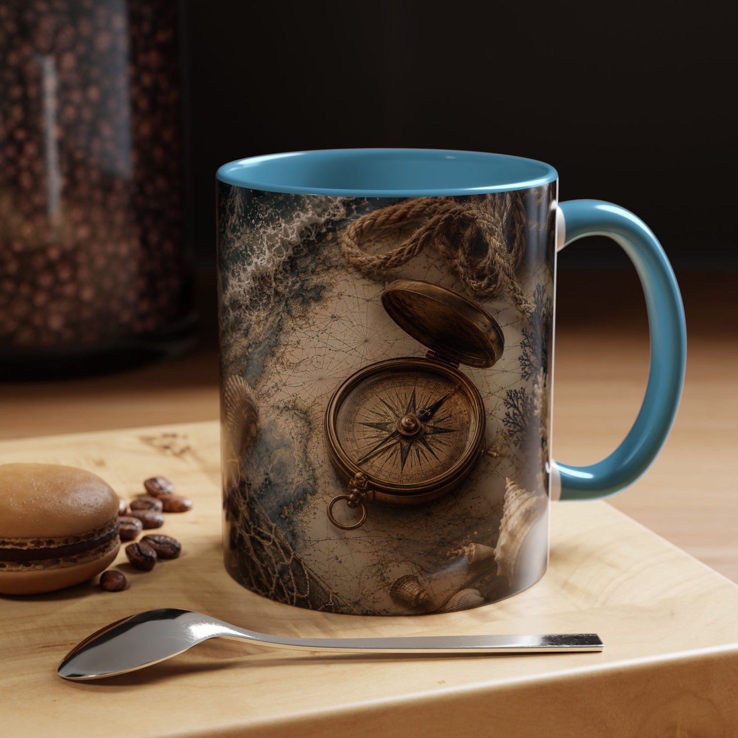 Nautical Compass Accent Coffee Mug – Vintage Sea Shells &amp; Compass Travel Design (11oz)