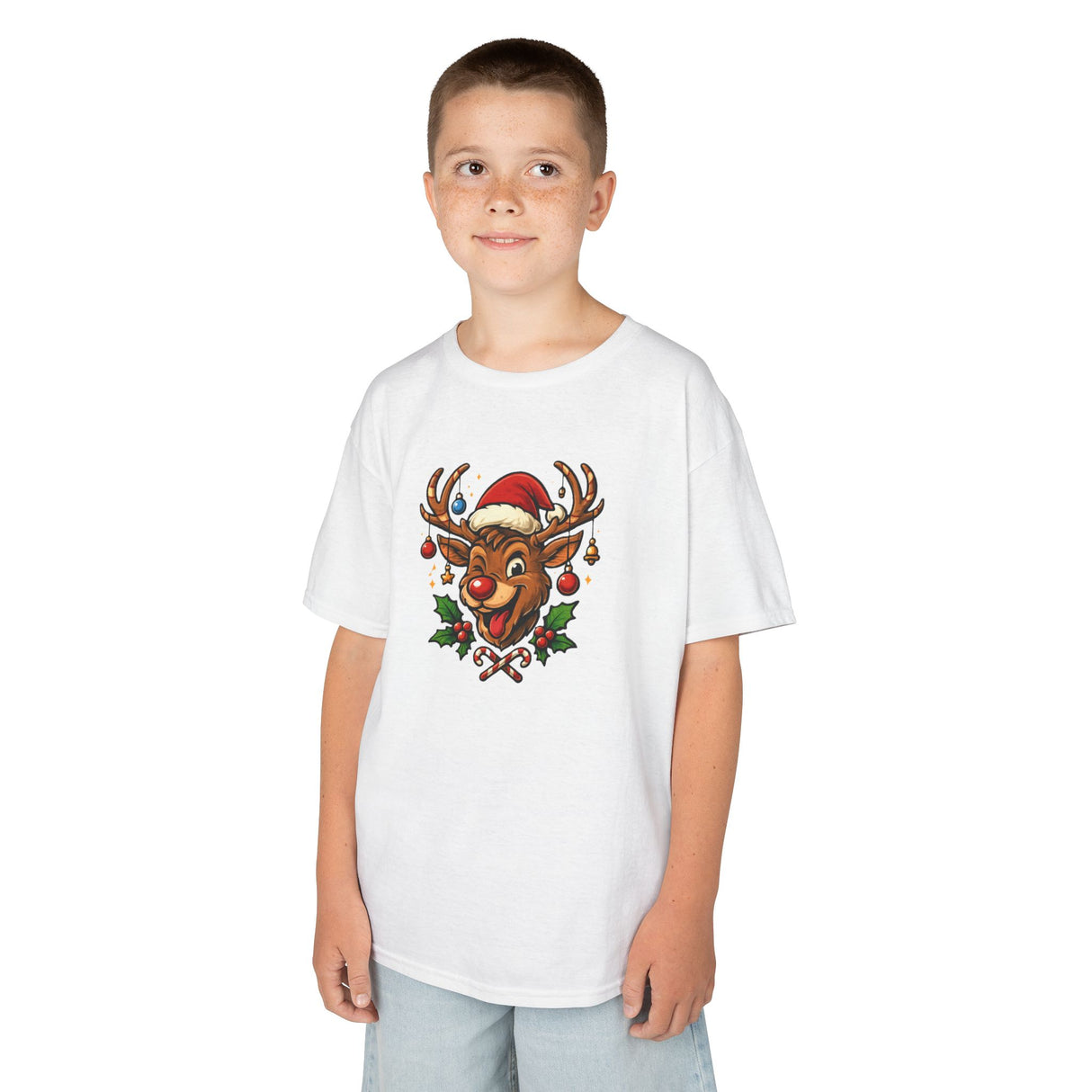 Kids Christmas Reindeer Tee — Cute Santa Hat Rudolph Holiday Shirt in an outdoor setting to illustrate its versatility during the holidays.