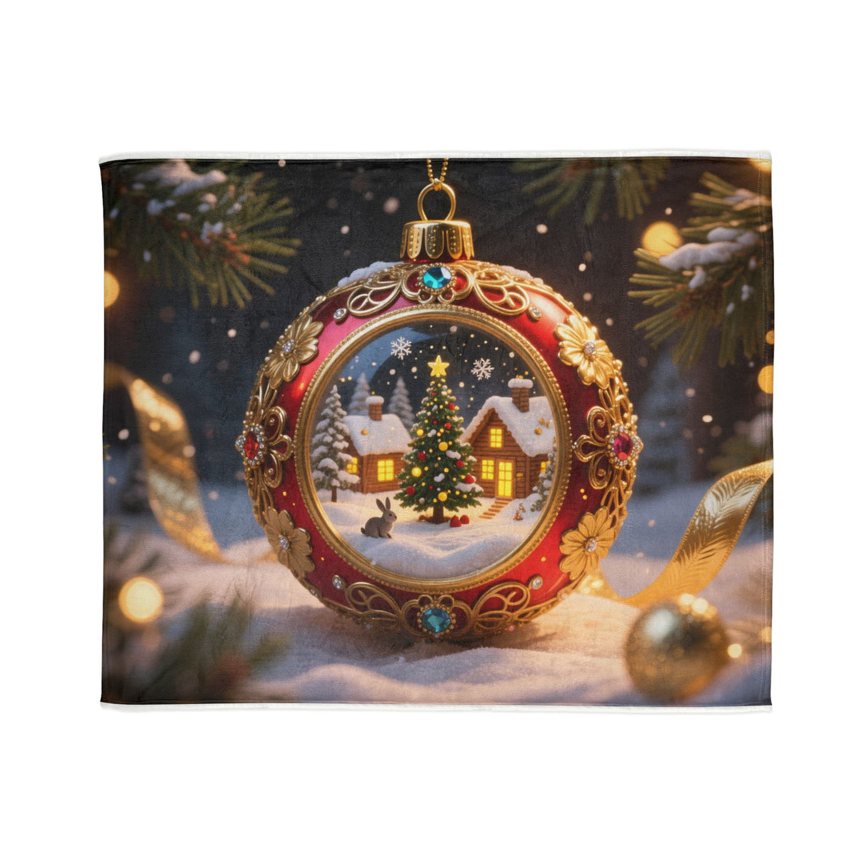 Close-up of Christmas Ornament Holiday Blanket — Cozy Festive Throw showcasing soft bokeh lights and pine accents.
