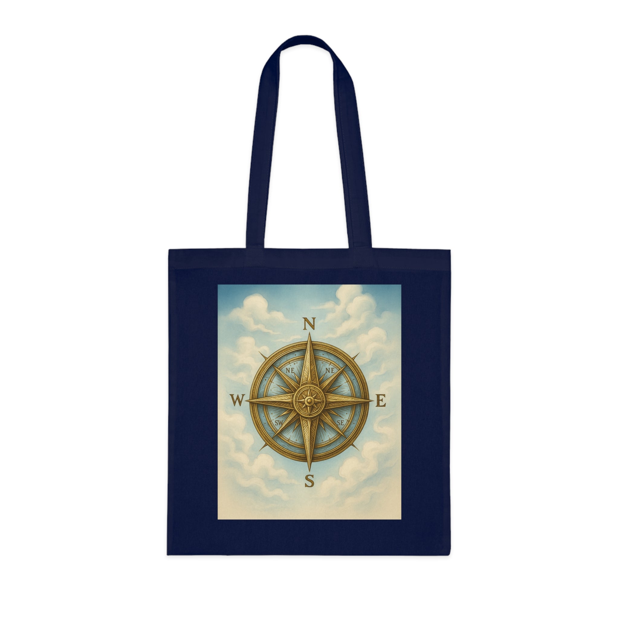 Vintage Compass Cotton Tote Bag hanging on a chair in a trendy cafe setting.