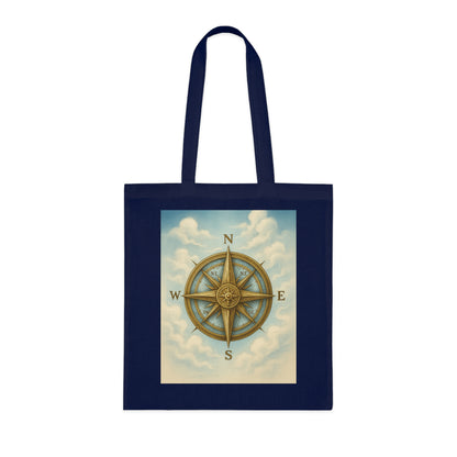 Vintage Compass Cotton Tote Bag hanging on a chair in a trendy cafe setting.