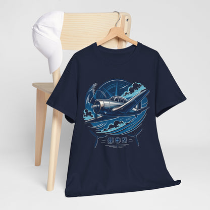 Model rocking the Vintage Propeller Plane T-Shirt, captured mid-action, showcasing its relaxed fit.