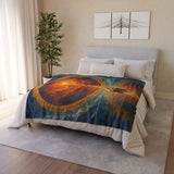 Close-up of the Sailing into the Sun Fleece Blanket with rich colors of a sunset and serene ocean scene.