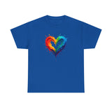 Rainbow Drip Heart T-Shirt showcased on a hanger, emphasizing the bright heart design against the white fabric.