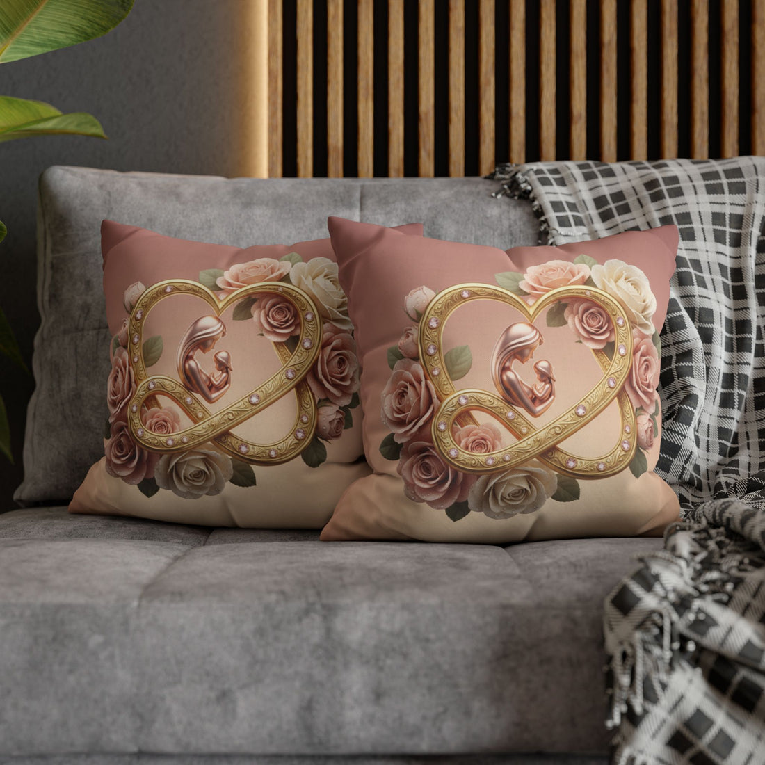 Mother &amp; Baby Heart Decorative Pillowcase — Floral Rose Infinity Design